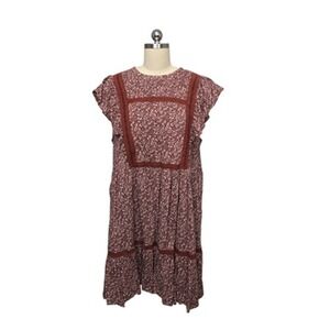 Madewell Dress Womens XL Brown Floral Flutter Sleeve Lace Trim Boho Lined Tiered